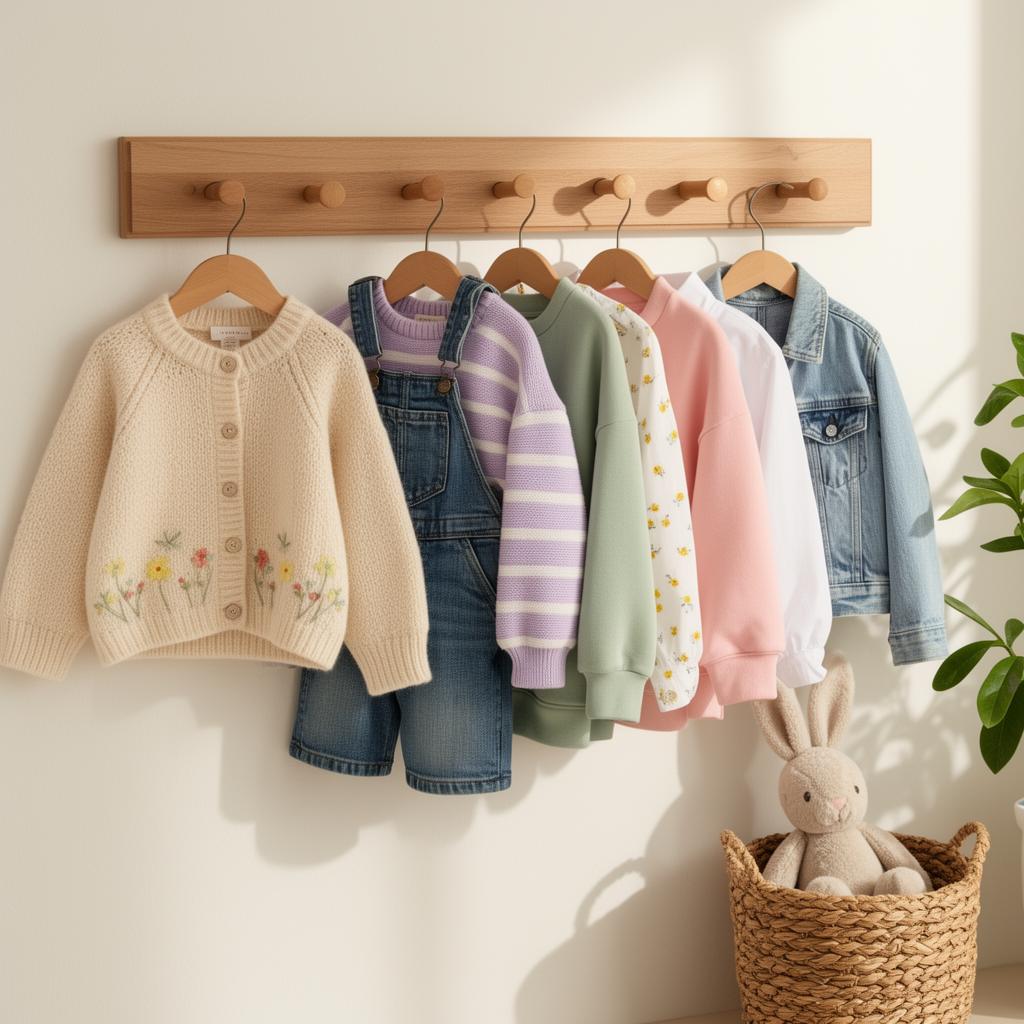 Portant en bois avec des vêtements pour enfants en coton et lin